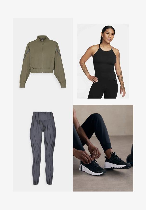 Chaqueta recortada de color verde oliva con cuello alto, cierre de cremallera, puños elásticos y bolsillos laterales; presenta franjas laterales en gris oscuro.; Top atlético negro sin mangas con cuello alto y tirantes finos. La tela es suave con un diseño ajustado, acompañado de unas leggings a juego.; Leggings de cintura alta en gris oscuro con un patrón de tie-dye. Fabricados con tejido elástico de textura suave y diseño ajustado.; Zapatillas deportivas negras con parte superior texturizada en negro, suela blanca y banda de goma. Los cordones están atados, mostrando un diseño elegante y el logo.