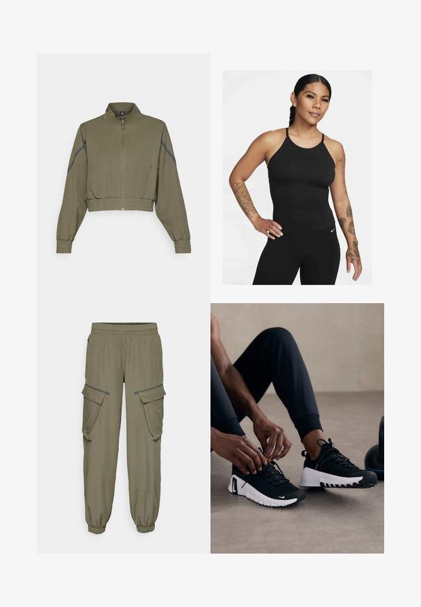 Olivno zelena krajšana jakna z visokim ovratnikom, zadrgo, elastičnimi manžetami in stranskimi žepi; vsebuje temnosive stranske črtice.; Črni športni top brez rokavov z visokim ovratnikom in tankimi naramnicami. Tkanina je gladka z prilegajočim se dizajnom, v kombinaciji z ujemajočimi se legicami.; Olivno zelene cargo hlače z elastiko v pasu, z dvema stranskima žepoma in dvema velikima cargo žepoma. Gladek material z elastičnimi manšeti.; Črne športne čevlje z strukturiranim črnim zgornjim delom, belim podplatom in gumijastim profilom. vezalke so zavezane, kar kaže na eleganten dizajn in logotip.