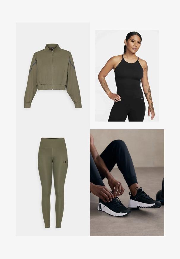 Olivno zelena krajšana jakna z visokim ovratnikom, zadrgo, elastičnimi manžetami in stranskimi žepi; vsebuje temnosive stranske črtice.; Črni športni top brez rokavov z visokim ovratnikom in tankimi naramnicami. Tkanina je gladka z prilegajočim se dizajnom, v kombinaciji z ujemajočimi se legicami.; Olivnozeleni legingi z visokim pasom, gladka tkanina, stranska žepa in črn logotip na spodnjem desnem delu noge.; Črne športne čevlje z strukturiranim črnim zgornjim delom, belim podplatom in gumijastim profilom. vezalke so zavezane, kar kaže na eleganten dizajn in logotip.