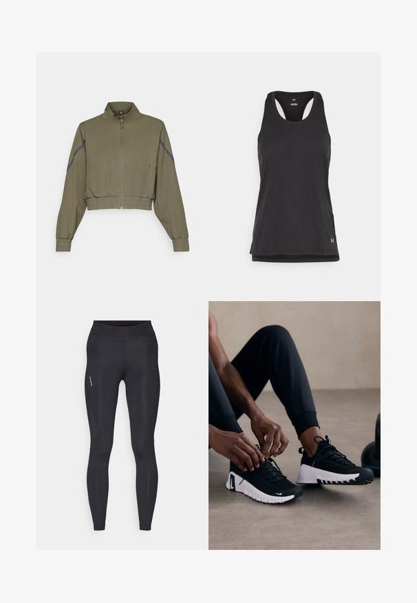 Olivgrön kort jacka med hög krage, dragkedjestängning, elastiska manschetter och sidofickor; har mörkgrå sidoränder.; Svart sportig linne med rundad halsringning, racerback-design och en texturerad tyg. Har en liten logotyp i nedre högra hörnet.; Svarta träningsleggings med en mjuk textur, hel längd och subtila sömmar på sidan. Inkluderar en liten logotyp på vänster sida.; Svarta sportskor med en texturerad svart ovandel, vit sula och gummimönster. Skosnören är knutna, vilket visar en elegant design och logotyp.