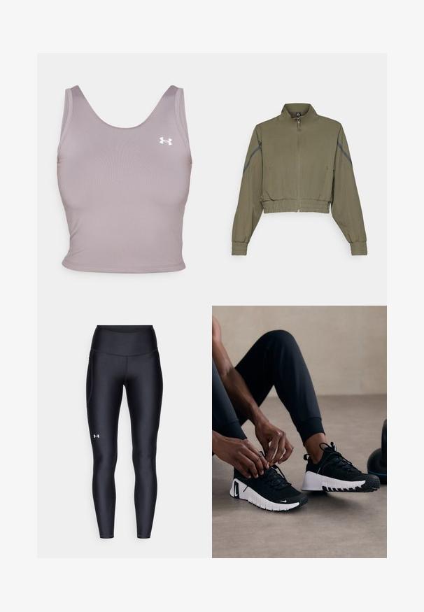 Olivno zelena krajšana jakna z visokim ovratnikom, zadrgo, elastičnimi manžetami in stranskimi žepi; vsebuje temnosive stranske črtice.; Lilična brezrokavna športna majica s krožnim izrezom, izdelana iz gladkega materiala, z majhnim belim logotipom na zgornji levi strani.; Črne pajkice iz gladkega, elastičnega materiala z visokim pasom. Imajo bel logotip na levem stegnu in oprijet kroj.; Črne športne čevlje z strukturiranim črnim zgornjim delom, belim podplatom in gumijastim profilom. vezalke so zavezane, kar kaže na eleganten dizajn in logotip.