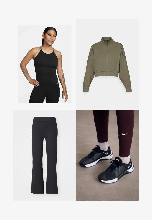 Olivno zelena krajšana jakna z visokim ovratnikom, zadrgo, elastičnimi manžetami in stranskimi žepi; vsebuje temnosive stranske črtice.; Črni športni top brez rokavov z visokim ovratnikom in tankimi naramnicami. Tkanina je gladka z prilegajočim se dizajnom, v kombinaciji z ujemajočimi se legicami.; Črne razširjene hlače iz raztegljive tkanine z visokim pasom. Imajo čiste linije in gladko teksturo, primerne za vsakodnevno nošenje.; Črne športne čevlje z teksturirano zgornjimi deli in belimi akcenti, vključno z vezalkami in logotipom na strani. Oblečene z maroon legicami in svetlimi nogavicami.