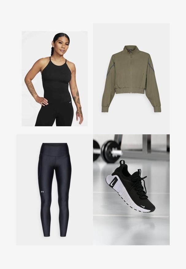 Olīvu zaļš īsa jaka ar augstu apkakli, rāvējslēdzēju, elastīgām piedurknēm un sānu kabatām; ar tumši pelēkiem sānu svītrojumiem.; Melnā sporta topa ar augstu kakla izgriezumu un plānām siksnām. Audums ir gluds ar pieguļošu dizainu, savienots ar saskaņotiem legingiem.; Melnas leginses, kas izgatavotas no gluda, elastīga materiāla ar augstām jostām. Ir balta logo kreisajā augšstilbā un pieguļoša piegriezuma dizains.; Melns sporta apavu ar teksturētu auduma augšdaļu, baltu zolīti un izteiktu auklas sistēmu. Tajā ir Nike logotips un mīksts, spilventiņots dizains.