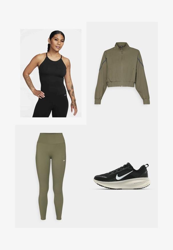 Olive green cropped jacket with high collar, zip closure, elastic cuffs, and side pockets; features dark gray side stripes.; Black athletic tank top with a high neckline and thin straps. The fabric is smooth with a fitted design, paired with matching leggings.; Olive green leggings with a high waistband, crafted from smooth, stretchy material, featuring a small white logo near the waistband.; Black Nike running shoe with breathable mesh upper, white swoosh logo, textured detailing, and a cream-colored ZoomX midsole.