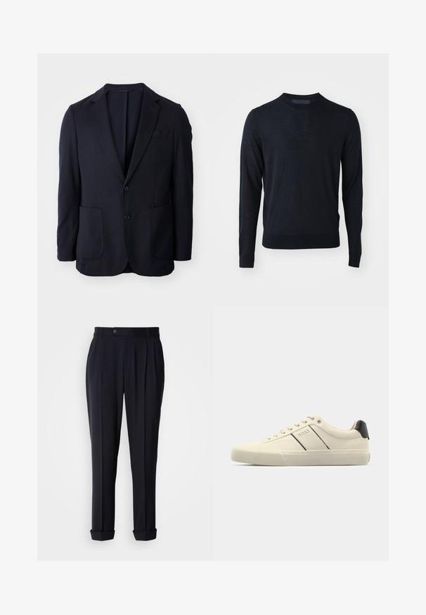 Blazer azul-marinho com frente de dois botões, lapelas recortadas, dois bolsos frontais e uma textura suave. Corte reto sem padrões ou realces visíveis.; Suéter de manga longa azul-marinho feito de um tecido leve e fino. Apresenta um decote redondo e punhos e bainha canelados.; Calças de corte marinheiro com pregas frontais, fecho de botão e punhos arrolados. Feitas de um tecido suave com um corte estruturado.; Sapatilhas de cor creme com uma textura suave, apresentando detalhes e marcação em preto. Design clássico com atacadores e bico redondo, e sola de borracha.