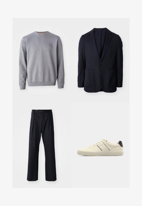 Tengerészkék blézer két gombbal, hajtókás gallérral, két elülső zsebbel és puha tapintással. Egyenes szabású, látható minták vagy kiegészítők nélkül.; Szürke, kerek nyakú pulóver, puha anyagból készült. Bordázott mandzsettákkal és aljjal valamint egy kis logóval rendelkezik a mellrészen. Sima textúra.; Fekete nadrág sima anyagból, egyenes lábú fazonnal, elöl redőkkel és egy gombbal záródó derékkal.; Krém színű sneakers, sima textúrával, fekete kiegészítőkkel és márkajelzéssel. Klasszikus fűzős dizájn, kerek orral és gumitalppal.