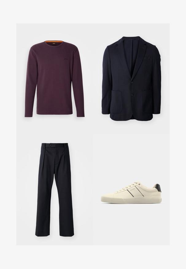 Tengerészkék blézer két gombbal, hajtókás gallérral, két elülső zsebbel és puha tapintással. Egyenes szabású, látható minták vagy kiegészítők nélkül.; Hosszú ujjú, mély lila crew neck póló bordás textúrával. Narancssárga akcentussal rendelkezik a gallérnál és egy kis logóval a mellkason.; Fekete nadrág sima anyagból, egyenes lábú fazonnal, elöl redőkkel és egy gombbal záródó derékkal.; Krém színű sneakers, sima textúrával, fekete kiegészítőkkel és márkajelzéssel. Klasszikus fűzős dizájn, kerek orral és gumitalppal.