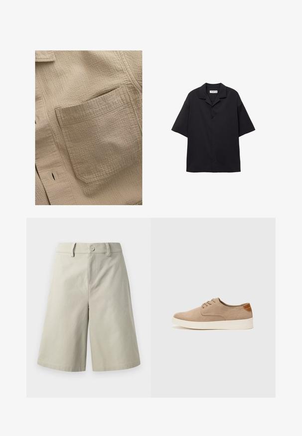 Béžová textúrovaná látková košeľa s štvorcovou vreckom na ľavej strane, s viditeľným šitím a jemným mriežkovým vzorom.; Krátky rukáv, čierna košeľa na gombíky vyrobená z hladkej tkaniny, s preloženým golierom a voľným strihom. Obsahuje päť predných gombíkov a žiadne vzory.; Svetlo béžové šortky vyrobené z bavlny, s rovný strihom, prednými vreckami, gombíkovým zapínaním a hladkou textúrou.; Béžové semišové tenisky s okrúhlou špičkou, šnurovaním vpredu a textúrovaným zadným akcentom. Biela gumová podrážka poskytuje kontrast. Jednoduchý a moderný dizajn.
