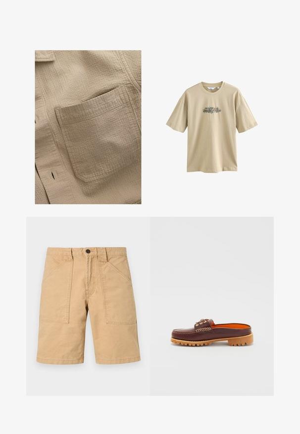 Chemise en tissu beige texturé avec une poche carrée sur le côté gauche, présentant des coutures visibles et un motif de grille subtil.; T-shirt en coton beige avec un imprimé graphique au centre. Le design comprend des éléments colorés et du texte courbé. Manches courtes et encolure ronde.; Shorts en kaki en coton avec une texture rugueuse, dotés de deux poches avant et d'une fermeture par bouton à la taille.; Chaussure en cuir marron à enfiler avec un bout arrondi, des détails de couture texturée, des œillets dorés et une semelle beige striée. L'intérieur est d'un orange vif.