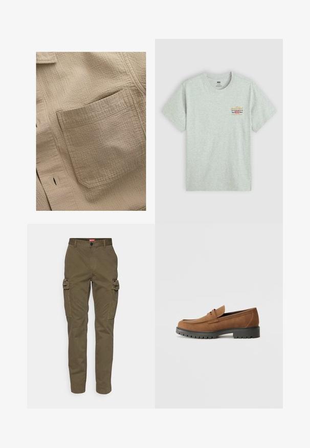 Bežna teksturirana majica s kvadratnom džepom na lijevoj strani, s vidljivim šavovima i suptilnim uzorkom mreže.; Siva bombažna majica s kratkimi rokavi in okroglo ovratnikom, ki na zgornji levi strani prikazuje barvit tisk z logotipom blagovne znamke. Gladka tekstura.; Olive zelene cargo hlače, izdelane iz bombažnega twilla, z bočnimi žepi, gumbnim zapiranjem in zoženimi nogami.; Bordaste usnjene loafers z zaobljenim nosom in nizkim temnim gumijastim podplatom, z okrasnim trakcem in šivi na zgornjem delu.