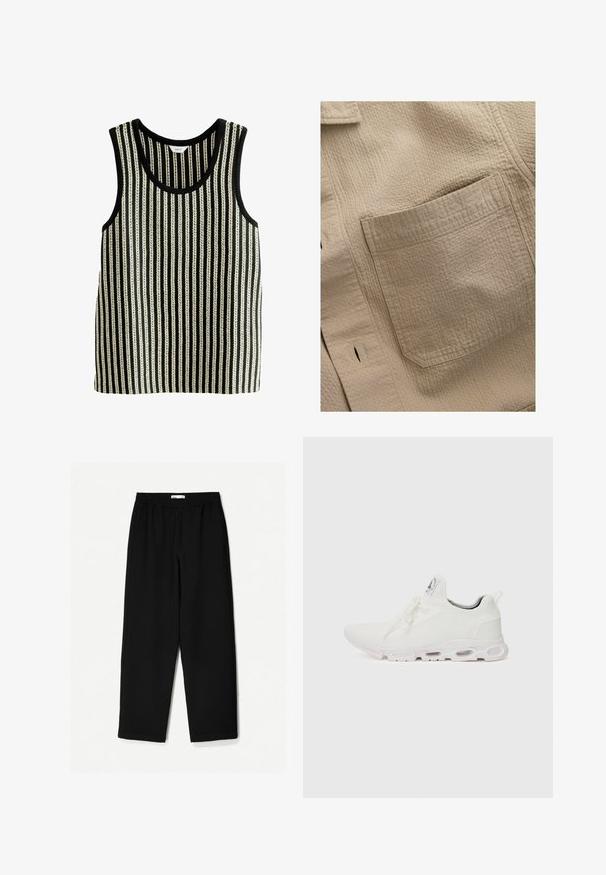 Cămașă din material texturat bej, cu un buzunar pătrat pe partea stângă, având cusături vizibile și un model subtil de grilaj.; Top din material cu dungi alb-negru, cu gât rotund și fără mâneci. Textura prezintă linii verticale alternante, groase și subțiri.; Pantaloni negri, largi, confecționați dintr-un material ușor. Au o talie elastică și o textură netedă. Fără modele vizibile sau accesorii metalice.; Adidași albi cu un superior din țesătură texturată, șireturi plate și o talpă cu perne de aer vizibile pentru suport suplimentar.