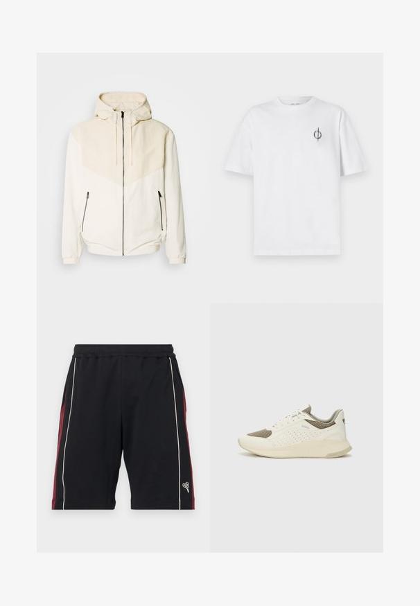 Hallide jakki heledas valges värvitoonis, kontrastse heleda beeži paneeliga. Omab tõmblukuga sulgemist ja küljetaskuid, millel on tõmblukk. Ühtlane tekstuur.; Valge puuvillane t-särk lõdva sobivusega, millel on vasakul rinnal väike must graafiline logo. Lühikesed varrukad, ümmargune kaelus.; Musta pehmeast kangast lühikesed püksid, millel on tumepruunid külgriided, valged ääristused ja väike südame logo allääres. Mugavusele mõeldud elastne vöökoht.; Valge ja heledat beeži värvi spordijalats, millel on õhuke võrkmaterjal, perforatsioonidega detailid ning tekstuuriga vahetald, millel on brändi logo kannaosas.