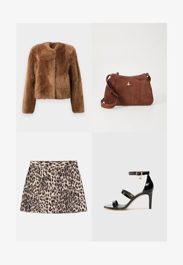 Braune Kunstfelljacke mit verkürztem Schnitt, langen Ärmeln und rundem Halsausschnitt. Verfügt über eine weiche, strukturierte Oberfläche und keinen Verschluss.; Beige gerippter Strickpullover mit tiefem V-Ausschnitt, langen Ärmeln und einem strukturierten Paneel auf der Brust. Kürze mit lockerer Passform.; Jeansrock mit Leopardenmuster, hoher Taille, Frontknopfverschluss und zwei Seitentaschen mit Kordelzugdetails.; Schwarze Lackleder-Sandale mit drei Riemen, Knöchelriemen und 10 cm hohen Stiletto-Absatz. Verfügt über goldfarbene Hardware-Details und ein Logo-Charm.; Braune Wildlederhandtasche mit Reißverschluss, verstellbarem Schultergurt und silbernen Hardware-Details, die eine dezente strukturierte Oberfläche aufweist.