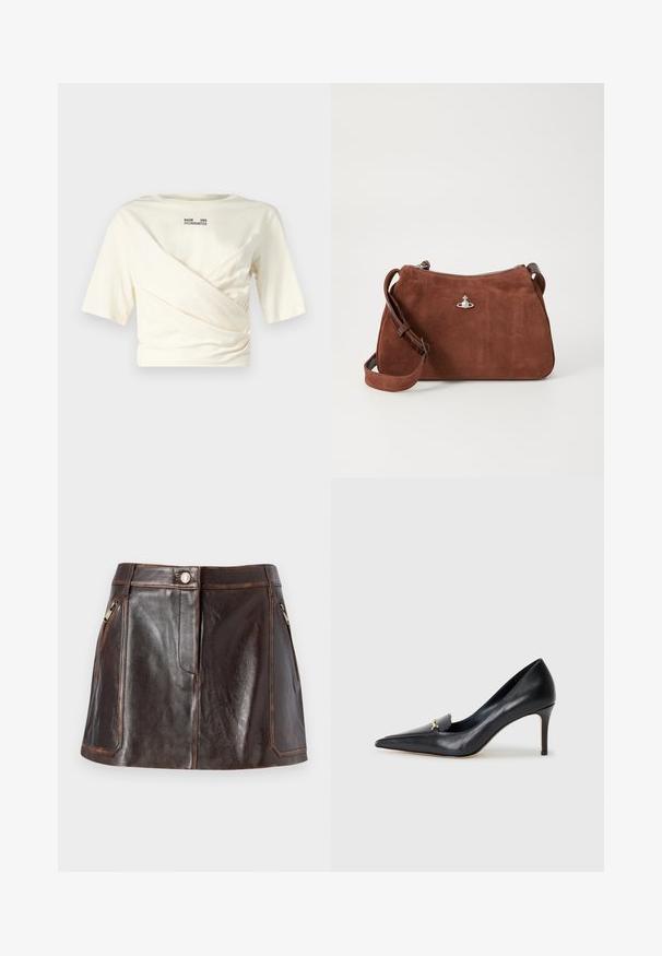 Brūna mākslīgās kažokādas jaka ar īsu dizainu, garām piedurknēm un apaļu izgriezumu. Iespējama mīksta, teksturēta virsma un bez aizdare.; Bežs ribots adījuma džemperis ar dziļu V-veida kaklu, garām piedurknēm un strukturētu paneli krūšu daļā. Saīsināts garums ar brīvu piegriezumu.; Krēmkrāsas īso piedurkņu tops ar drapējumu, ar apaļu kakla izgriezumu un redzamu melnu logo drukājumu aizmugurē. Mīksta auduma tekstūra.; Brūns ādas mini svārks ar elegantu dizainu, divām kabatām ar rāvējslēdzējiem sānos un kontrastējošiem šuvēm gar malām.; Melnas ādas sūkņi ar norādītu pirkstu, zemu griezumu un dekoratīvu zelta akcentu. Iezīmējas ar stiletto papēdi un gludu tekstūru.; Brūnas zamša rokassoma ar rāvējslēdzēja aizdari, regulējamu plecu siksnu un sudraba furnitūru, ar smalku teksturētu virsmu.