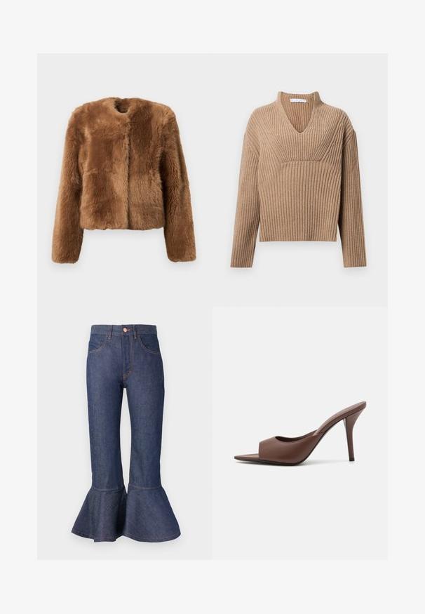 Kohvane valepuhurjakk, millel on lühike disain, pikad varrukad ja ümmargune kaelus. Omab pehmet, tekstuurset pinda ja ei sisalda kinniseid.; Beež ribi kudumil oleval sügava V-kaelusega, pikad varrukad ja tekstuurne paneel rinna piirkonnas. Lühendatud pikkus ja mugav lõige.; Tumed sinise värvuse ja flared lõikega denimpüksid, millel on volangitega serv, viis taskut ja kontrastsete oranžide õmblustega. Keskmise kõrgusega vöökoht ning esine nööbiga kinnitamine.; Pruunid nahast avatud varvastega kõrged kontsad, millel on stiilne disain, laia eesrihma ja peene stilettokontsaga.