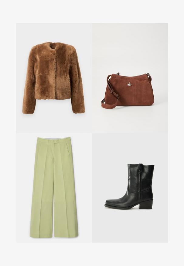 Ruda dirbtinės kailio striukė su trumpu dizainu, ilgomis rankovėmis ir apvalia iškirpte. Pasižymi minkšta, tekstūruota paviršiumi ir be užsegimų.; Bežinė mėlyna mezgimo megztinė su giliu V iškirpimu, ilgomis rankovėmis ir tekstūruotu skyriumi krūtinėje. Trumpas ilgis su laisvu kirpimu.; Šviesiai žali plačios kojos kelnių su lygiu audiniu, turinčių priekinėms klostes, dvi šonines kišenes ir tiesų siluetą.; Juodi odiniai aulinukai iki kulkšnies su apvali nosimi, blokuotais kulnais, šonine užtrauktuku ir siuvimo akcentais ant viršutinės dalies. Lygi tekstūra, klasikinis dizainas.; Rudas zomšos rankinukas su užtrauktuku, reguliuojama petneša ir sidabro spalvos akcentais, pasižymintis subtilia tekstūru.