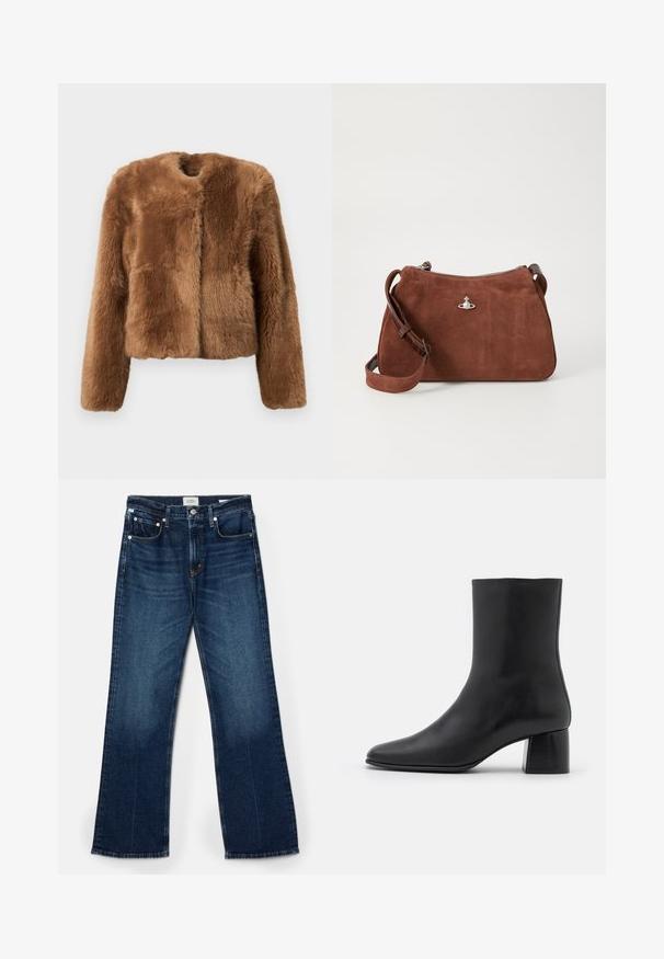 Giacca in finta pelliccia marrone con design corto, maniche lunghe e scollatura tonda. Presenta una superficie morbida e strutturata e senza chiusure.; Maglione a coste beige con scollo a V profondo, maniche lunghe e un pannello testurizzato sul petto. Lunghezza cropped e vestibilità rilassata.; Jeans in denim blu scuro, taglio a gamba ampia, stile a cinque tasche, con cuciture in evidenza e una texture liscia con lieve scoloritura.; Stivali ankle in pelle nera con punta affusolata e tacco quadrato grosso. Texture liscia con un design senza cuciture e cuciture minimaliste.; Borsa a spalla in suede marrone con chiusura a zip, tracolla regolabile e dettagli in metallo argentato, caratterizzata da una superficie leggermente testurizzata.
