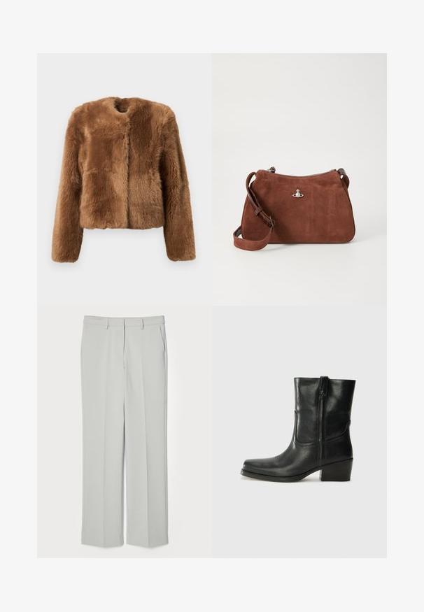 Braune Kunstfelljacke mit verkürztem Schnitt, langen Ärmeln und rundem Halsausschnitt. Verfügt über eine weiche, strukturierte Oberfläche und keinen Verschluss.; Beige gerippter Strickpullover mit tiefem V-Ausschnitt, langen Ärmeln und einem strukturierten Paneel auf der Brust. Kürze mit lockerer Passform.; Hellgraue, maßgeschneiderte Hosen mit flachem Vorderteil, geraden Beinen und Seitentaschen. Aus glattem Stoff mit einem sauberen, minimalistischen Design.; Schwarze Leder-Ankle Boots mit runder Zehenform, Blockabsatz, seitlichem Reißverschluss und gestickten Akzenten auf dem Blatt. Glatte Textur, klassisches Design.; Braune Wildlederhandtasche mit Reißverschluss, verstellbarem Schultergurt und silbernen Hardware-Details, die eine dezente strukturierte Oberfläche aufweist.