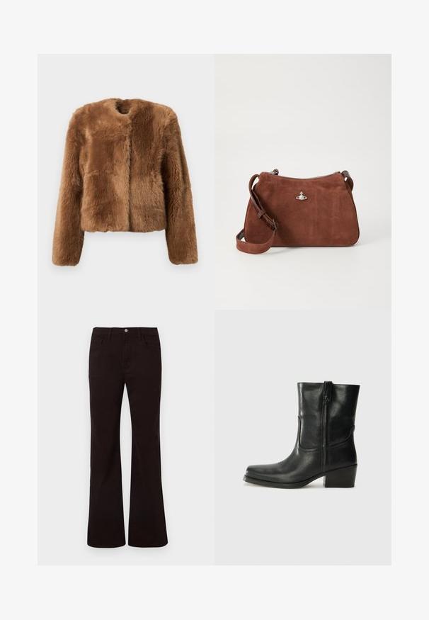 Chaqueta de piel sintética marrón con un diseño corto, mangas largas y un cuello redondo. Presenta una superficie suave y texturizada y no tiene cierres.; Suéter de punto acanalado beige con un escote en V profundo, mangas largas y un panel texturizado en el pecho. Largo corto y ajuste relajado.; Vaqueros acampanados de cintura alta negros con botón frontal, cremallera, trabillas para cinturón y bolsillos delanteros y traseros sobre un fondo blanco.; Botín negro de cuero hasta el tobillo con punta redondeada, tacón cuadrado, cremallera lateral y detalles de costura en el empeine. Textura suave, diseño clásico.; Bolso de ante marrón con cierre de cremallera, correa de hombro ajustable y acentos de hardware en plata, con una superficie texturizada sutil.
