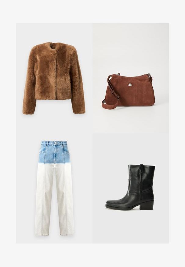 Barna műszőrme dzseki rövidített fazonnal, hosszú ujjakkal és kerek nyakkivágással. Puha, textúrált felülettel rendelkezik, és nincs rajta zárás.; Beige bordázott kötött pulóver mély V nyakkal, hosszú ujjakkal és textúrált panellel a mellkason. Rövidített fazon, laza illeszkedéssel.; A farmerdzseki kék felső része fehérre halványodik. Magas derekú kialakítás, egyenes szársziluett és látható varrási részletek.; Fekete bőr bokacsizma lekerekített orral, blokk sarkúval, oldalsó cipzárral és varrásos díszítéssel az elején. Simább textúra, klasszikus dizájn.; Barna velúr kézi táska cipzáras záródással, állítható vállpánttal és ezüstösen csillogó kiegészítőkkel, diszkrét texturált felülettel.