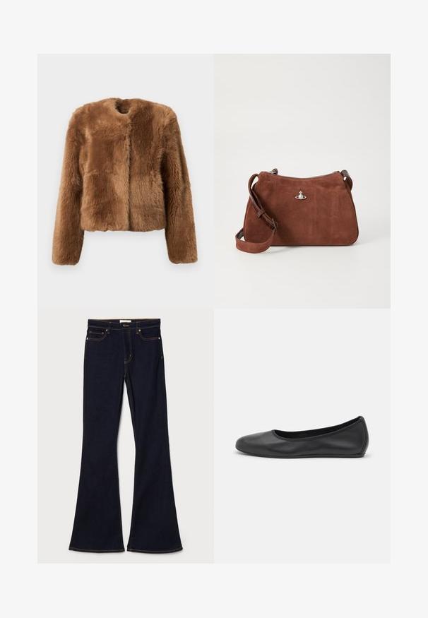 Smeđa jakna od umjetnog krzna s krojem do struka, dugim rukavima i okruglim izrezom. Ima meku, teksturiranu površinu i nema kopčanja.; Bež pleteni pulover s rebrastom, dubokim V-izrezom, dugim rukavima i teksturiranim panelom na prsima. Skraćena dužina s opuštenim krojem.; Tamno plave traper hlače s bojem, s žutim šavovima, prednjim dzepovima i standardnim pojasom s kopčanjem na gumb.; Crne kožne baletanke s zaobljenim vrhom, glatke teksture, minimalnim detaljima šavova i fleksibilnim dizajnom potplata.; Smeđi nubuk torba s zatvaranjem na patent, podesivim naramenicama i srebrnim detaljima, s blagom teksturiranom površinom.