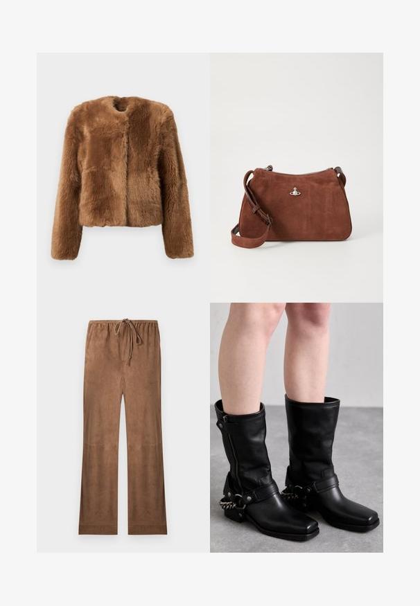 Ruda dirbtinės kailio striukė su trumpu dizainu, ilgomis rankovėmis ir apvalia iškirpte. Pasižymi minkšta, tekstūruota paviršiumi ir be užsegimų.; Bežinė mėlyna mezgimo megztinė su giliu V iškirpimu, ilgomis rankovėmis ir tekstūruotu skyriumi krūtinėje. Trumpas ilgis su laisvu kirpimu.; Rudos, iš minkštos zomšos tipo medžiagos pagamintos kelnes su elastinga juosmens juosta. Jos turi raištelį juosmenyje ir platėjančius kelnių apačią, suteikiančią laisvą prigludimą.; Juodos odinės iki kelių siekiančios bootai su kvadratiniu pirštu, šoniniu užtrauktuku ir reguliuojama juosta, kuri turi metalinę grandinėlę. Matinis paviršius ir tvirta padas.; Rudas zomšos rankinukas su užtrauktuku, reguliuojama petneša ir sidabro spalvos akcentais, pasižymintis subtilia tekstūru.