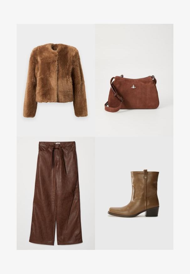 Brown faux fur jacket with a cropped design, long sleeves, and a round neckline. Features a soft, textured surface and no fastenings.; Beige ribbed knit sweater with a deep V-neck, long sleeves, and a textured panel at the chest. Cropped length with a relaxed fit.; Baum und Pferdgarten NADENE - Trousers - washed java; Brown leather ankle boot with a square toe, textured finish, and a low stacked heel. Features a rear pull tab and subtle stitching details.; Brown suede handbag with a zip closure, adjustable shoulder strap, and silver hardware accent, featuring a subtle textured surface.