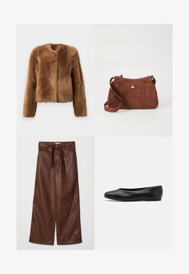 Brun faux fur jakke med et cropped design, lange ærmer og rund halsudskæring. Har en blød, tekstureret overflade og ingen lukninger.; Beige ribstrikket sweater med dyb V-udskæring, lange ærmer og en struktureret panel ved brystet. Korte længde med en afslappet pasform.; Baum und Pferdgarten NADENE - Bukser - washed java; Paul Smith TOPANGA - Ballerinasko - black; Brun ruskinds taske med lynlås, justerbar skulderrem og sølvfarvede detaljer, der har en subtil tekstureret overflade.