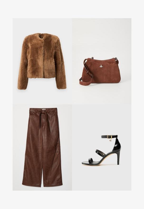 Rjava umetna krznena jakna s skrajšanim dizajnom, dolgimi rokavi in okroglim ovratnikom. Ima mehko, strukturirano površino brez zaklepanja.; Bež pulover iz rebraste pletenine z globokim V-izrezom, dolgimi rokavi in teksturiranim panelom na prsih. Skrajšana dolžina z sproščenim krojem.; Baum und Pferdgarten NADENE - Hlače - washed java; Črne lakirane sandale s tremi trakovi, zaponko okoli gležnja in 10-centimetrsko stiletto peto. Imajo detajle iz zlatega kovanja in logotipni čar.; Rjava semiš torba z zadrgo, nastavljivim naramnicam in srebrnimi dodatki, ki ima subtilno teksturirano površino.