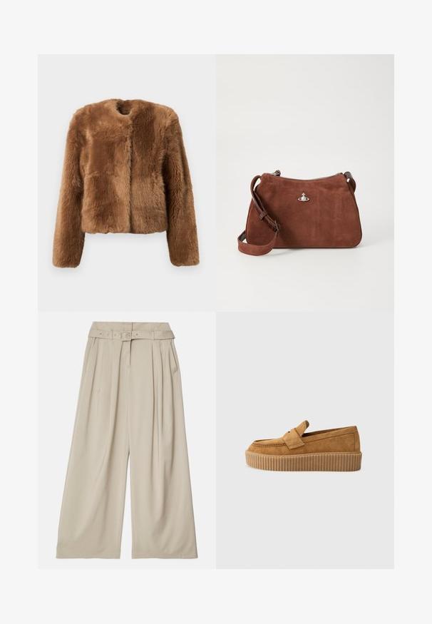 Ruda dirbtinės kailio striukė su trumpu dizainu, ilgomis rankovėmis ir apvalia iškirpte. Pasižymi minkšta, tekstūruota paviršiumi ir be užsegimų.; Bežinė mėlyna mezgimo megztinė su giliu V iškirpimu, ilgomis rankovėmis ir tekstūruotu skyriumi krūtinėje. Trumpas ilgis su laisvu kirpimu.; Platus kelnes šviesos smėlio spalvos audiniu. Yra aukštas juosmuo, priekinių raukšlių ir atitinkamas diržas su metalinėmis sagtimis.; Rudos suedinės loafer tipo bateliai su apvaliu pirštu, turintys raukšlėtą platformos padą ir dekoratyvinę juostą per viršutinę dalį.; Rudas zomšos rankinukas su užtrauktuku, reguliuojama petneša ir sidabro spalvos akcentais, pasižymintis subtilia tekstūru.