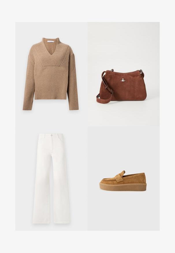 Kohvane valepuhurjakk, millel on lühike disain, pikad varrukad ja ümmargune kaelus. Omab pehmet, tekstuurset pinda ja ei sisalda kinniseid.; Beež ribi kudumil oleval sügava V-kaelusega, pikad varrukad ja tekstuurne paneel rinna piirkonnas. Lühendatud pikkus ja mugav lõige.; Valged, kõrge vöökohaga laiad teksad, mis on valmistatud denimist. Omab nupuga sulgemist, kahte esimest taskut ja külgede õmbluste detailseid õmblusi.; Pruun nubukloafer ümmarguse varbaga, ribadega platvormi tallaga ja dekoratiivse rihmaga ülevalt.; Pruun seemisnahast käekott, millel on tõmblukk, reguleeritav õlarihm ja hõbedased metalldetailid, millel on peene tekstuuriga pind.