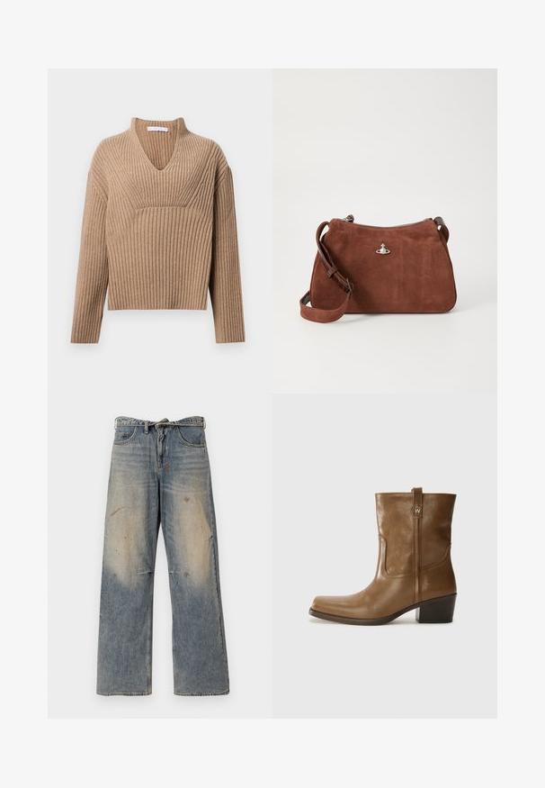 Braune Kunstfelljacke mit verkürztem Schnitt, langen Ärmeln und rundem Halsausschnitt. Verfügt über eine weiche, strukturierte Oberfläche und keinen Verschluss.; Beige gerippter Strickpullover mit tiefem V-Ausschnitt, langen Ärmeln und einem strukturierten Paneel auf der Brust. Kürze mit lockerer Passform.; Helle blaue Denim-Jeans mit einem lockeren, geraden Schnitt. Verfügt über Ausbleichungen, Verwaschungen und abgenutzte Details an den Knien. Klassisches Fünf-Taschen-Design.; Braune Leder-Ankle-Boots mit quadratischer Zehenform, strukturiertem Finish und niedrigem, gestapeltem Absatz. Ausgestattet mit einer Zuglasche auf der Rückseite und dezenten Stickdetails.; Braune Wildlederhandtasche mit Reißverschluss, verstellbarem Schultergurt und silbernen Hardware-Details, die eine dezente strukturierte Oberfläche aufweist.