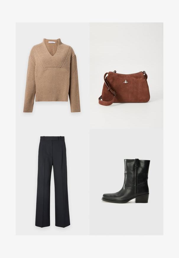 Braune Kunstfelljacke mit verkürztem Schnitt, langen Ärmeln und rundem Halsausschnitt. Verfügt über eine weiche, strukturierte Oberfläche und keinen Verschluss.; Beige gerippter Strickpullover mit tiefem V-Ausschnitt, langen Ärmeln und einem strukturierten Paneel auf der Brust. Kürze mit lockerer Passform.; Dunkelblaue Nadelstreifenhosen mit hoher Taille, weit geschnittenem Bein und ohne sichtbare Beschläge oder Verzierungen. Glatte Textur und taillierte Passform.; Schwarze Leder-Ankle Boots mit runder Zehenform, Blockabsatz, seitlichem Reißverschluss und gestickten Akzenten auf dem Blatt. Glatte Textur, klassisches Design.; Braune Wildlederhandtasche mit Reißverschluss, verstellbarem Schultergurt und silbernen Hardware-Details, die eine dezente strukturierte Oberfläche aufweist.
