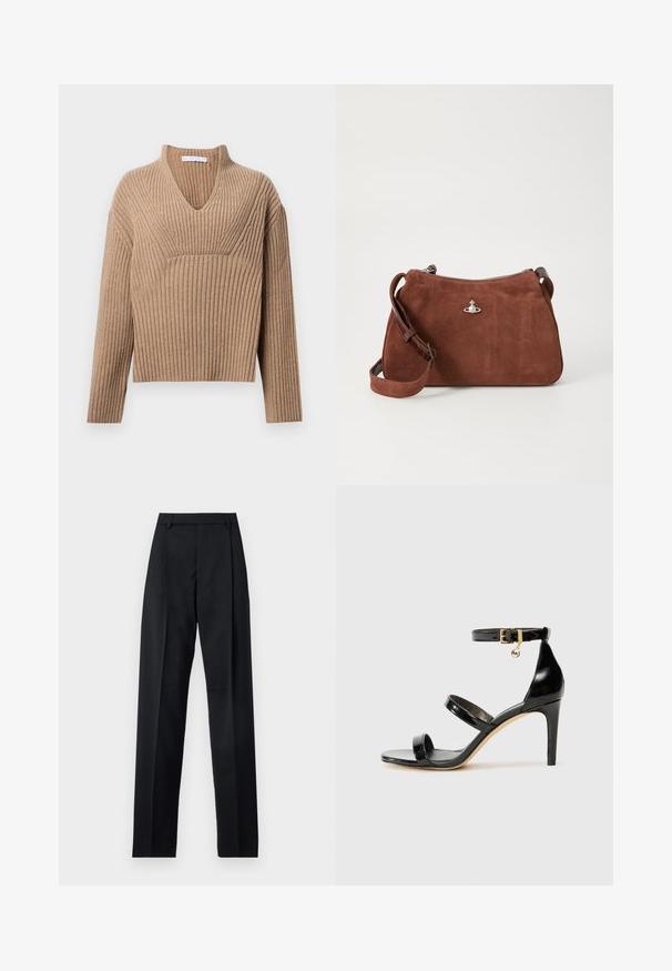 Rjava umetna krznena jakna s skrajšanim dizajnom, dolgimi rokavi in okroglim ovratnikom. Ima mehko, strukturirano površino brez zaklepanja.; Bež pulover iz rebraste pletenine z globokim V-izrezom, dolgimi rokavi in teksturiranim panelom na prsih. Skrajšana dolžina z sproščenim krojem.; Črne hlače iz gladkega materiala, ki imajo visok pas, široke noge, sprednje nabore in klasične zanke za pas. Nevidni stranski žepi.; Črne lakirane sandale s tremi trakovi, zaponko okoli gležnja in 10-centimetrsko stiletto peto. Imajo detajle iz zlatega kovanja in logotipni čar.; Rjava semiš torba z zadrgo, nastavljivim naramnicam in srebrnimi dodatki, ki ima subtilno teksturirano površino.