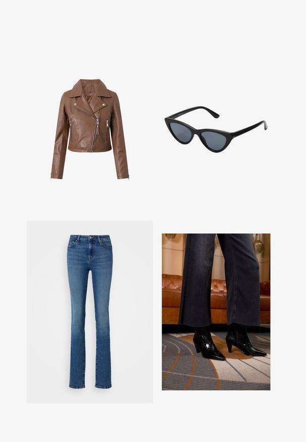 Ruskea nahkainen moottoripyörätakki, jossa on lyhyt malli, leveät kaulukset, epäsymmetrinen vetoketjukiinnitys ja kaksi vetoketjullista taskua. Pehmeä kangas.; Musta ribbattu poolopaita, jossa on pitkät hihat ja tiukka siluetti. Tekstuuri on sileä vaakasuorilla ribbidoilla.; ONLY Tall ONLSUI MID - Slim fit -farkut - medium blue denim; Mustat kärjelliset nilkkakengät, joissa on teksturoitu pinta, käytetty rapistuneiden helmien mustien leveiden housujen kanssa kuvioidulla matolla.; Mustat kissaeye-aurinkolasit tumman harmailla linsseillä, tyylikäs muovikehys, terävät kulmat ja suorat templet. Ei näkyvää metalliosia tai koristuksia.