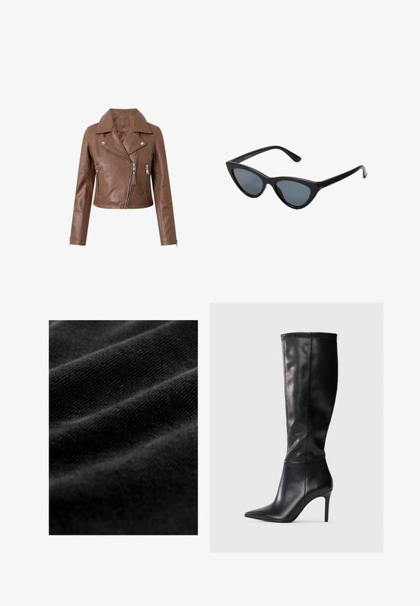 Brun læder bikerjakke med en cropped design, brede kraver, asymmetrisk lynlås lukning og to lynlåslommer. Blød tekstur.; Sort ribbet rullekravesweater med lange ærmer og en tætsiddende silhuet. Teksturen er glat med et vandret ribmønster.; Sort stof med en glat, blød tekstur, der har subtile vandrette folder og et ensartet vævemønster. Ingen synlige mønstre eller accenter.; Knæhøje sorte læderstøvler med spids tå og stiletto-hæl, der har en glat overflade og et minimalistisk design uden synlige decorationer.; Sorte katteøje solbriller med mørkegrå linser, slankt plastisk stel, spidse hjørner og lige stænger. Ingen synlig hardware eller dekorationer.; Anna Field Håndtasker - brown