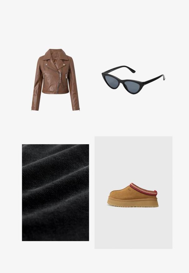 Brun læder bikerjakke med en cropped design, brede kraver, asymmetrisk lynlås lukning og to lynlåslommer. Blød tekstur.; Sort ribbet rullekravesweater med lange ærmer og en tætsiddende silhuet. Teksturen er glat med et vandret ribmønster.; Sort stof med en glat, blød tekstur, der har subtile vandrette folder og et ensartet vævemønster. Ingen synlige mønstre eller accenter.; Brune ruskinds slip-on sko med røde og cremefarvede mønstrede kanter, tekstureret sål og UGG-logo på siden. Har en let platformhøjde.; Sorte katteøje solbriller med mørkegrå linser, slankt plastisk stel, spidse hjørner og lige stænger. Ingen synlig hardware eller dekorationer.