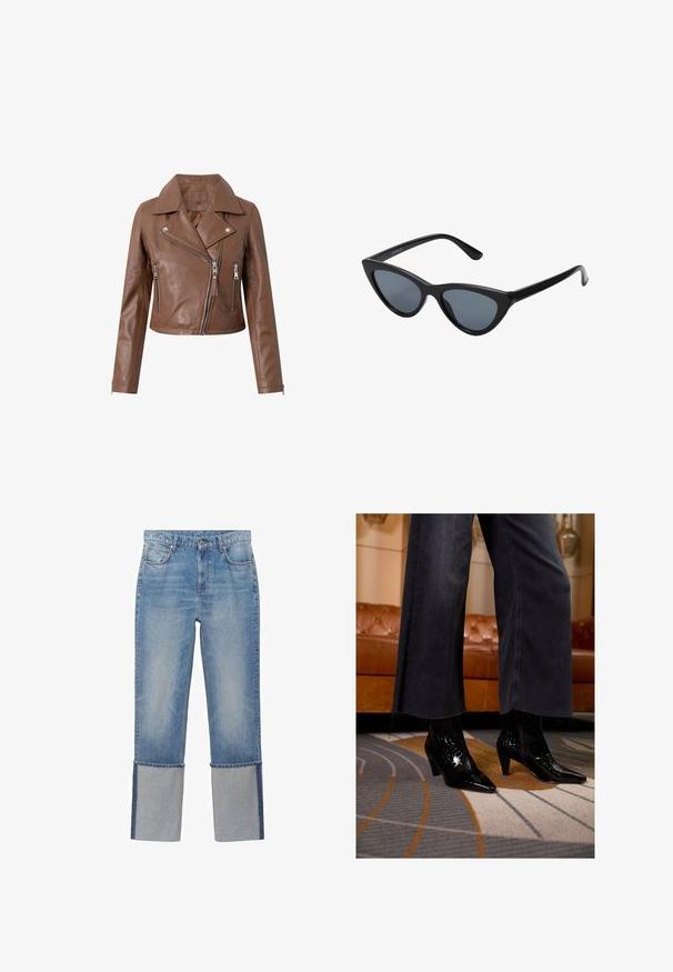 Hnědá kožená motorkářská bunda s krátkým střihem, širokými klopami, asymetrickým zapínáním na zip a dvěma kapsami na zip. Měkká textura.; Černý žebrovaný rolák s dlouhými rukávy a těsným střihem. Textura je hladká s vodorovným žebrováním.; Světle modré denimové džíny se rovný střih, zdobené kontrastními šedými manžetami na kotnících a klasickým pětipocket designem.; Černé kožené ankle boot s špičatou špičkou a texturovaným povrchem, nošené pod roztrhaným černým kalhotami s širokými nohavicemi na vzorovaném koberci.; Černé sluneční brýle ve stylu "cat-eye" s tmavě šedými skly, elegantním plastovým rámečkem, špičatými rohy a rovnými stranami. Bez viditelného kování nebo ozdob.