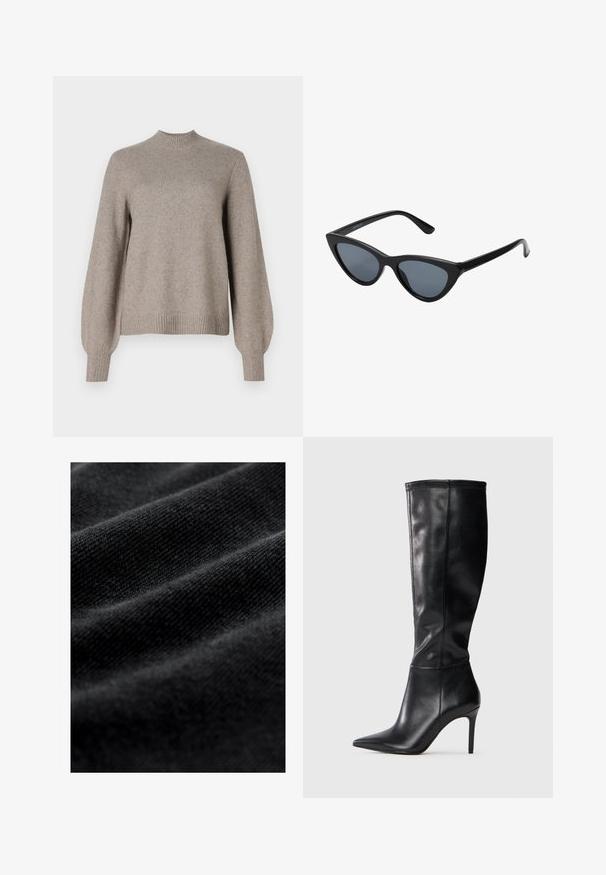 Giacca da motociclista in pelle marrone, con un design cropped, ampi revers, chiusura con zip asimmetrica e due tasche con zip. Texture morbida.; Maglione beige a maglia con collo alto a costine, maniche lunghe a sbuffo, e polsini e orlo a costine su sfondo bianco.; Tessuto nero con una trama liscia e morbida, caratterizzato da pieghe orizzontali sottili e un motivo di tessitura uniforme. Nessun motivo o accento visibile.; Stivali neri in pelle al ginocchio con punta affusolata e tacco a stiletto, caratterizzati da una texture liscia e un design minimale senza decorazioni visibili.; Occhiali da sole cat-eye neri con lenti grigie scure, montatura in plastica elegante, angoli appuntiti e tempie dritte. Nessuna ferramenta o accenti visibili.; Anna Field Borsa a mano - brown
