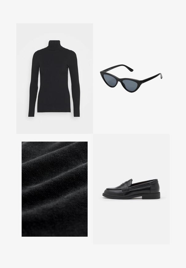 Brun läderbikerjacka med en kortad design, breda slag, asymmetrisk dragkedjestängning och två dragkedjefickor. Mjuk textur.; Svart ribbad polotröja med långa ärmar och en kroppsnära silhuett. Texturen är slät med ett horisontellt ribbat mönster.; Svart tyg med en slät, mjuk struktur, med subtila horisontella veck och ett enhetligt vävmönster. Inga synliga mönster eller accenter.; Svarta läderskor i loafermodell med en slät yta, rund tå, sydda detaljer på ovandelen och en låg, platt gummisula.; Svart kattögon-solglasögon med mörkgrå linser, slimmad plastbåge, spetsiga hörn och raka skalmar. Ingen synlig hårdvara eller accenter.