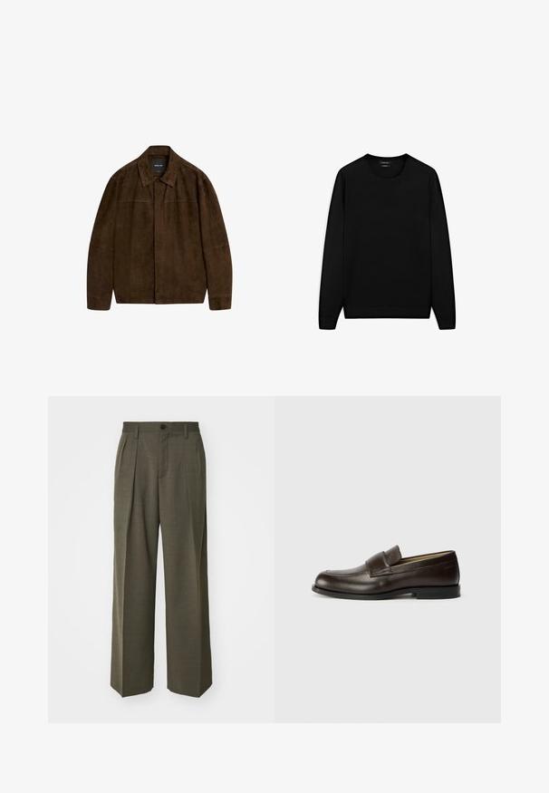 Brown suede jacket with a collar, long sleeves, and a front closure. Features a smooth texture and simple design with no visible patterns.; Black long-sleeve sweater with a round neckline. Made of soft fabric, featuring a classic fit and ribbed cuffs and hem. No patterns or accents.; Filippa K WIDE TROUSERS - Trousers - driftwood; Calvin Klein Slip-ons - cocoa brown