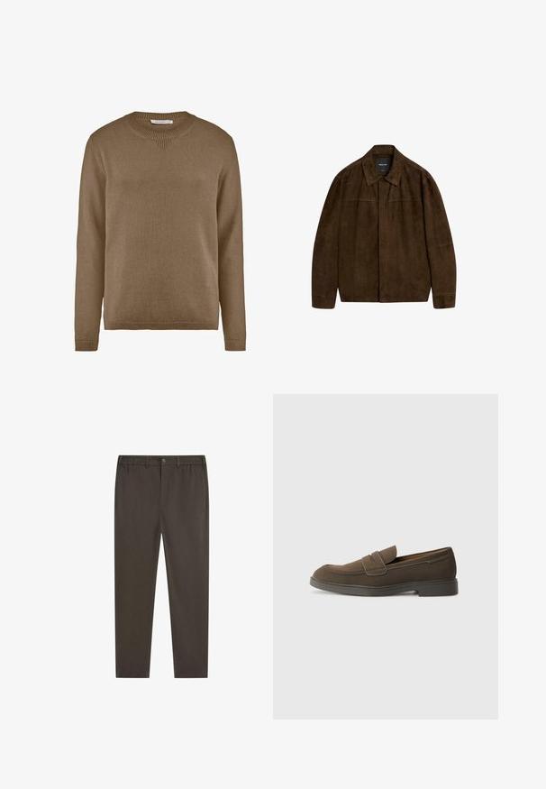 Braune Wildlederjacke mit Kragen, langen Ärmeln und einem Frontverschluss. Verfügt über eine glatte Textur und ein einfaches Design ohne sichtbare Muster.; hessnatur Strickpullover - camel; Dunkelbraune Hose mit geradem Bein, elastischem Bund, vorderem Knopfverschluss und Seitentaschen. Glatte Stofftextur.; Braunes Wildleder-Loafer mit runder Kappe, einem Riemen über dem Spann und einer flachen Gummisohle. Einfaches Design mit klaren Linien und minimalen Details.