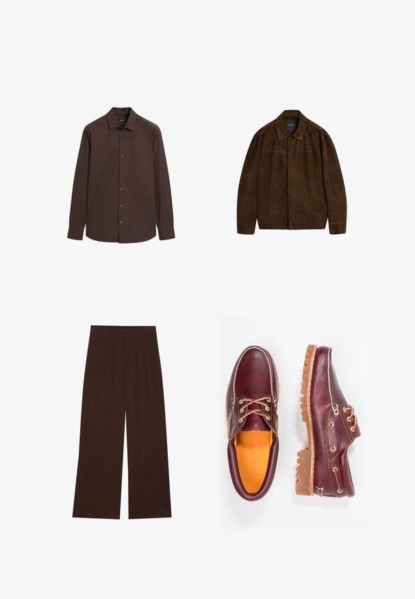 Bruine suède jas met een kraag, lange mouwen en een sluiting aan de voorkant. Heeft een soepele textuur en een eenvoudig ontwerp zonder zichtbare patronen.; Massimo Dutti SLIM FIT STRETCH - Overhemd - dark brown; Bruine wijde broek met plooien. Gemaakt van een gladde stof, met een op maat gemaakt tailleband en zijzakken. Rechte zoom aan de onderkant.; Bordeaux leren schoenen met bruine rubberen zolen, ronde neus, witte stiksels en gouden veterogen. Het interieur heeft een gele voering.