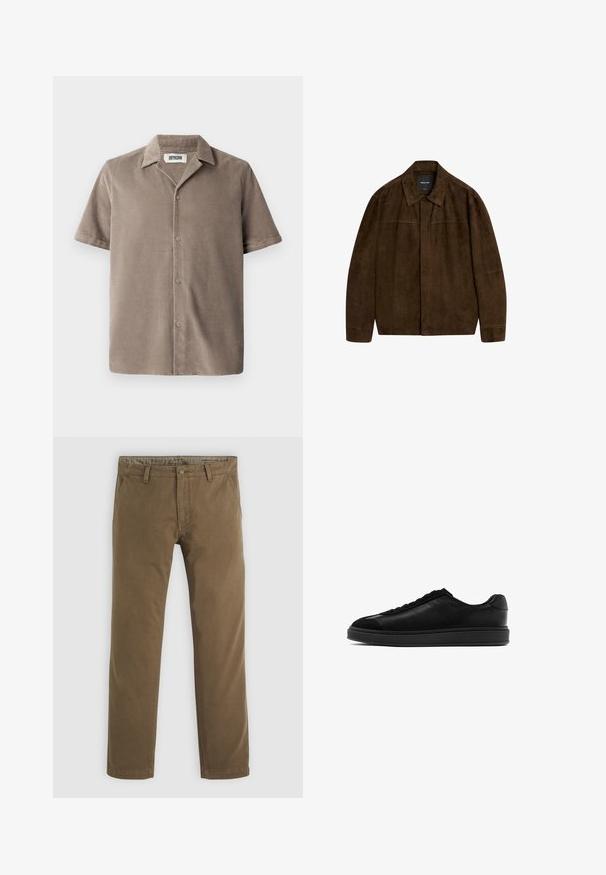 Braune Wildlederjacke mit Kragen, langen Ärmeln und einem Frontverschluss. Verfügt über eine glatte Textur und ein einfaches Design ohne sichtbare Muster.; Kurzarmhemd aus hellbraunem Cord mit eingeschnittenem Kragen, Knopfleiste und lockerer Passform mit subtiler Textur.; Khakifarbene Baumwollhose mit geradem Bein, ausgestattet mit einem Knopfverschluss, zwei vorderen Taschen und einer glatten Textur.; Schwarze Ledersneaker mit glatter Oberfläche, runder Zehenpartie, Schnürung vorne und einer kontrastierenden strukturierten Lasche. Dicke schwarze Gummisohle.