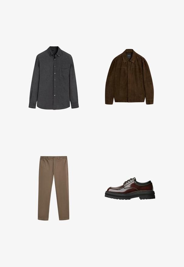 Bruine suède jas met een kraag, lange mouwen en een sluiting aan de voorkant. Heeft een soepele textuur en een eenvoudig ontwerp zonder zichtbare patronen.; Donkergrijze lange mouwen overhemd met knoopsluiting, een borstzak en een geknoopte kraag, tentoongesteld op een witte achtergrond.; Bruine cotton chinos met een rechte pijp, elastische tailleband en voorzakken. Glad textuur en minimale stikseldetails.; Donkerbruine gepolijste leren veterschoen met dikke zwarte rubberen zool en gewatteerde zwarte kraag, zijaanzicht op witte achtergrond.