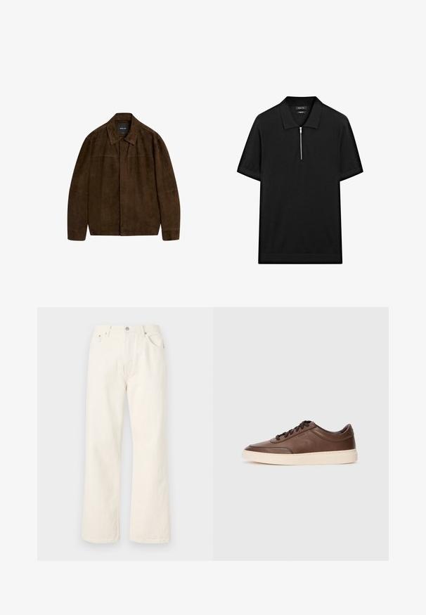 Brown suede jacket with a collar, long sleeves, and a front closure. Features a smooth texture and simple design with no visible patterns.; Black short-sleeve polo shirt with a stand collar and a front zipper. Made of a smooth fabric with a clean, minimalist design.; Cream-colored wide-leg jeans made from denim, featuring a standard five-pocket design and a metal button closure at the waist.; Brown leather sneakers with a smooth finish, round toe, and cream rubber sole. Features black laces and subtle branding on the side.