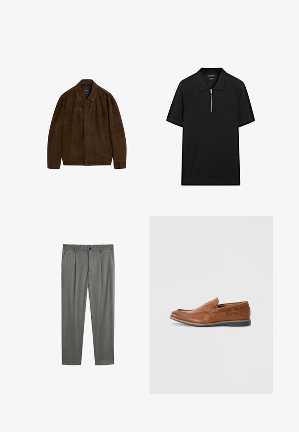 Braune Wildlederjacke mit Kragen, langen Ärmeln und einem Frontverschluss. Verfügt über eine glatte Textur und ein einfaches Design ohne sichtbare Muster.; Schwarzes kurzärmliges Poloshirt mit Stehkragen und einem Reißverschluss vorne. Hergestellt aus einem glatten Stoff mit einem klaren, minimalistischen Design.; Grau gestreifte Hosen mit glatter Textur, ausgestattet mit einem Knopfverschluss, elastischem Bund und zwei Seitentaschen. Maßgeschneiderte Passform mit Falten.; Braune Lederloafers mit runder Spitze, gesteppten Akzenten und einer niedrigen Gummisohle. Das Design verfügt über ein Band über dem oberen Teil.