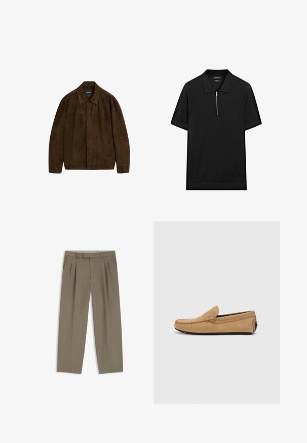 Braune Wildlederjacke mit Kragen, langen Ärmeln und einem Frontverschluss. Verfügt über eine glatte Textur und ein einfaches Design ohne sichtbare Muster.; Schwarzes kurzärmliges Poloshirt mit Stehkragen und einem Reißverschluss vorne. Hergestellt aus einem glatten Stoff mit einem klaren, minimalistischen Design.; Khakifarbene, gefaltete Hose mit Seitentaschen, Gürtelschlaufen und geradem Bein, flach auf einem weißen Hintergrund ausgestellt.; Beige Wildleder-Mokassinschuh mit gestickter Zehenpartie, im Slip-On-Design und schwarzer Gummisohle. Besitzt dezente Markenkennzeichnung an der Seite.