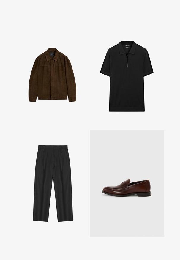 Braune Wildlederjacke mit Kragen, langen Ärmeln und einem Frontverschluss. Verfügt über eine glatte Textur und ein einfaches Design ohne sichtbare Muster.; Schwarzes kurzärmliges Poloshirt mit Stehkragen und einem Reißverschluss vorne. Hergestellt aus einem glatten Stoff mit einem klaren, minimalistischen Design.; Schwarze gerade Hosen mit Gürtelschlaufen, Seitentaschen und einem leicht gefalteten Design auf der Vorderseite.; Braune Lederloafers mit runder Zehenform, einem vorderen Riemen-Detail und einem niedrigen, gestapelten Absatz. Glatte Textur mit minimalen dekorativen Akzenten.