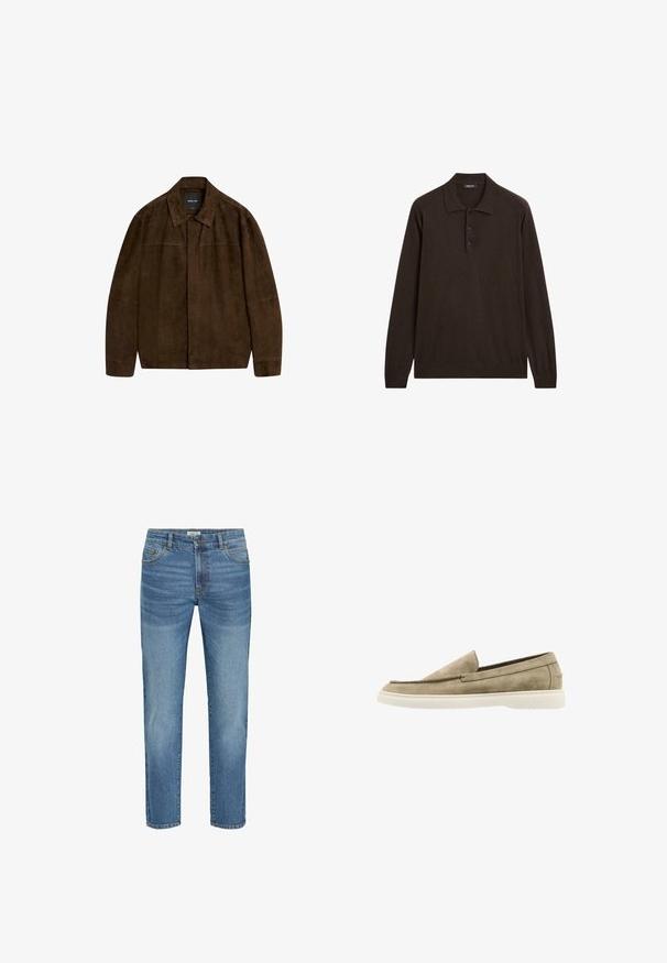 Hnědá suedová bunda s límcem, dlouhými rukávy a předním zapínáním. Má hladkou texturu a jednoduchý design bez viditelných vzorů.; Tmavě hnědá polo košile s dlouhým rukávem, třemi knoflíky a klasickým límcem, vystavená na bílém pozadí.; Světle modré džíny z denimu s klasickým rovnými nohavicemi, které mají pět kapes, kovové zapínání na knoflík a mírné vyblednutí látky.; Béžové semišové nazouvací boty s kulatou špičkou, prošíváním a bílou gumovou podrážkou. Jednoduchý design s hladkým povrchem.
